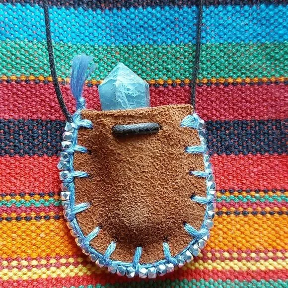 Leather Mini Mojo Bag Necklace by Rust Belt Raised Moss Agate Necklace - Picture 6 of 16